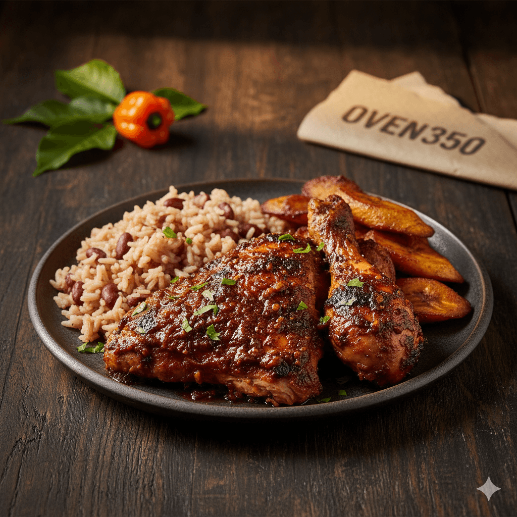 Grilled Jamaican jerk chicken served with lime wedges