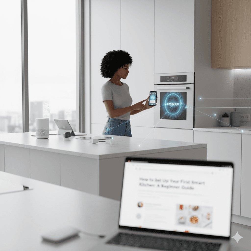 A modern kitchen with smart devices