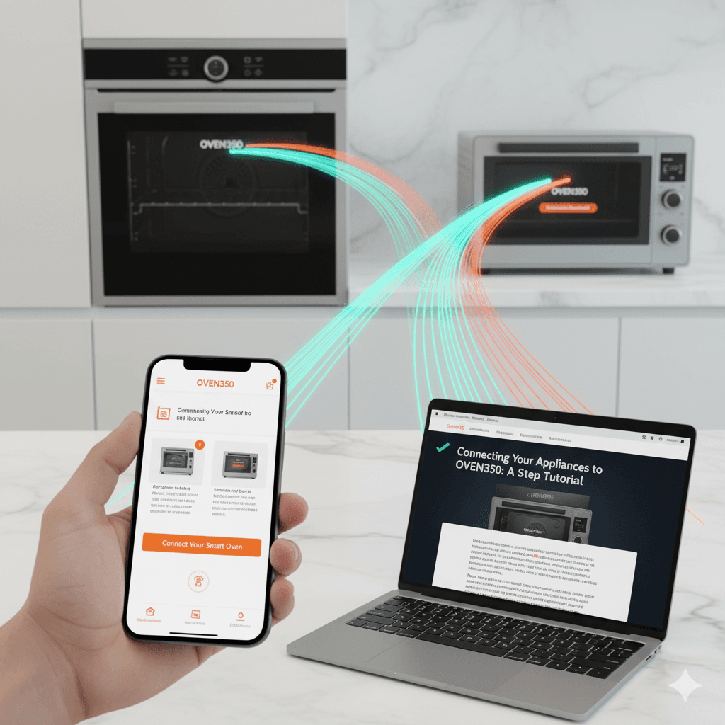 Smart oven connected to the OVEN350 app on a tablet