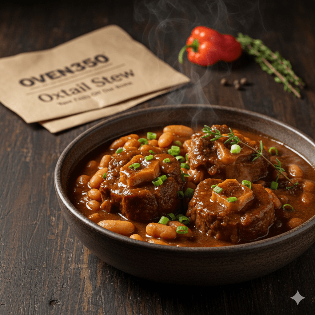 Hearty oxtail stew served with rice and peas
