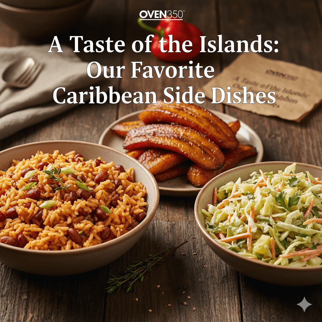 Caribbean side dishes: rice and peas, fried plantains, and coleslaw